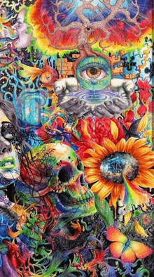 a colorful painting with a skull , flowers , butterflies , and a third eye .