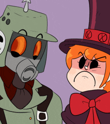 a cartoon of a man wearing a gas mask and a woman wearing a top hat