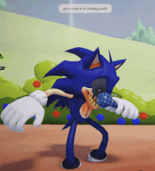 sonic the hedgehog is holding a microphone and says yo mama is a creepypasta on the bottom