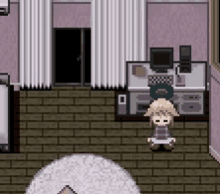 a pixel art of a girl sitting in a room