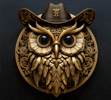 a gold owl wearing a cowboy hat with the letter x on it