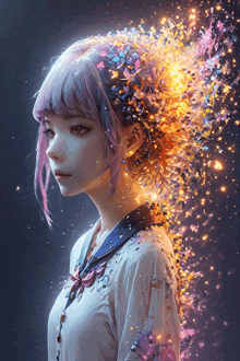 a girl with pink hair is surrounded by flowers and sparkles