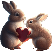 two rabbits holding a red heart in their paws