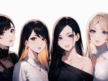 a group of anime girls are standing next to each other on a white background