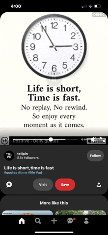 a phone screen shows a clock and a quote about life