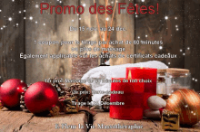 an advertisement for promo des fetes shows a wooden table with christmas decorations and candles