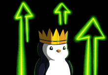 a penguin wearing a crown is surrounded by neon arrows