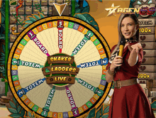 a woman stands in front of a spinning wheel that says snakes and ladders on it