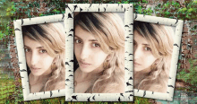 three pictures of a woman in white frames