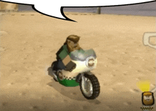 a man is riding a green and white motorcycle on a sandy beach