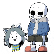 a cartoon drawing of sans and teddy bear from undertale standing next to each other on a white background .