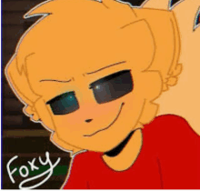 a close up of a cartoon character wearing sunglasses and a red shirt with the name foxy written on it .