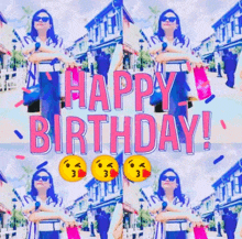 a woman is standing in front of a sign that says ' happy birthday '