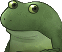 a cartoon frog with big eyes is looking up at the camera .