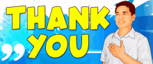 a man is standing in front of a blue background that says thank you