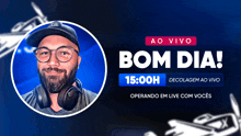 a bearded man wearing headphones is on a poster that says bom dia 15:00h