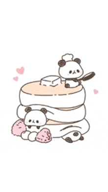 a panda bear is sitting on top of a stack of pancakes with strawberries .