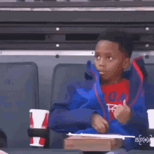 a young boy in a blue jacket is sitting in a stadium with a coca cola bottle and a box of pizza .