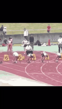 a group of people are getting ready to run on a track with numbers 6 5 and 1 on the blocks