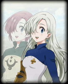 a drawing of a girl with long white hair and a cross on her chest