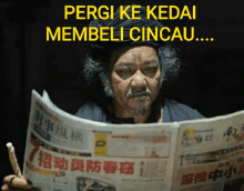 a man is reading a newspaper with a caption that says pergi ke kedai membeli cincau