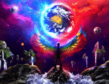 a painting of a person with rainbow wings standing in front of a colorful earth