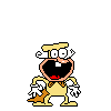 a pixel art drawing of a cartoon character with a big smile on his face .