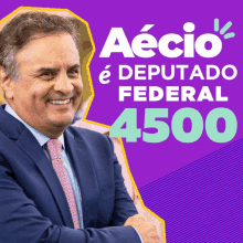 a man in a suit and tie is smiling in front of a purple background that says aecio