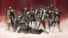 a group of apex legends characters are standing next to each other in a smokey room .