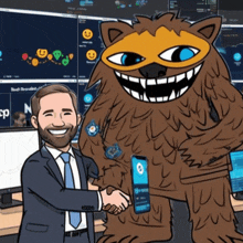 a man in a suit and tie shakes hands with a cartoon bear