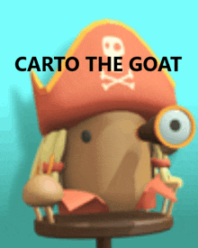 a cartoon character wearing a pirate hat with the words carto the goat written below it