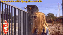 a woman stands in front of a fence with a sign that says " autre tombe ( haunted earth ) 2010 "