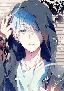 a boy with blue hair and a black hoodie