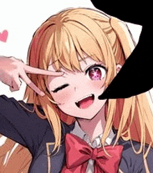 a blonde anime girl with long hair and a red bow tie is making a peace sign .