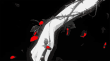 a black and white drawing of a hand with thorns on it surrounded by red petals .