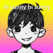 a black and white drawing of a boy with a yellow background and the words `` hi sunny hi sunny '' .