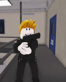 a roblox character is holding a gun in front of a blue door with the number j10 on it