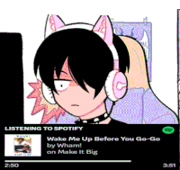 a cartoon of a girl wearing cat ears listening to spotify