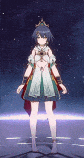 a girl with a crown on her head is standing in front of a starry background