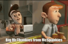 two cartoon characters standing next to each other with the caption big mcthankies from mcspankies