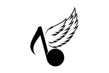 a black and white music note with wings on it