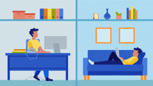 an illustration of a man sitting at a desk with a computer and another man laying on a couch reading a book