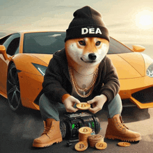 a dog wearing a beanie that says dea squatting in front of a car