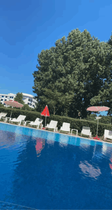 a row of chairs and umbrellas are lined up around a swimming pool