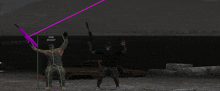 a man in a mask is holding a purple gun with a purple beam coming out of it that says tmn