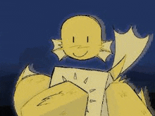 a cartoon drawing of a yellow monster holding a piece of paper .