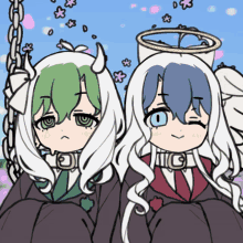 a drawing of an angel and a demon with the letter c on their necks