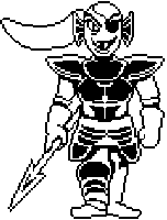 a black and white pixel art of a skeleton holding a sword .