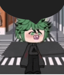 a cartoon character with green hair and a pacifier in his mouth is standing on a street .