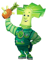 a cartoon character is holding a pineapple in his right hand